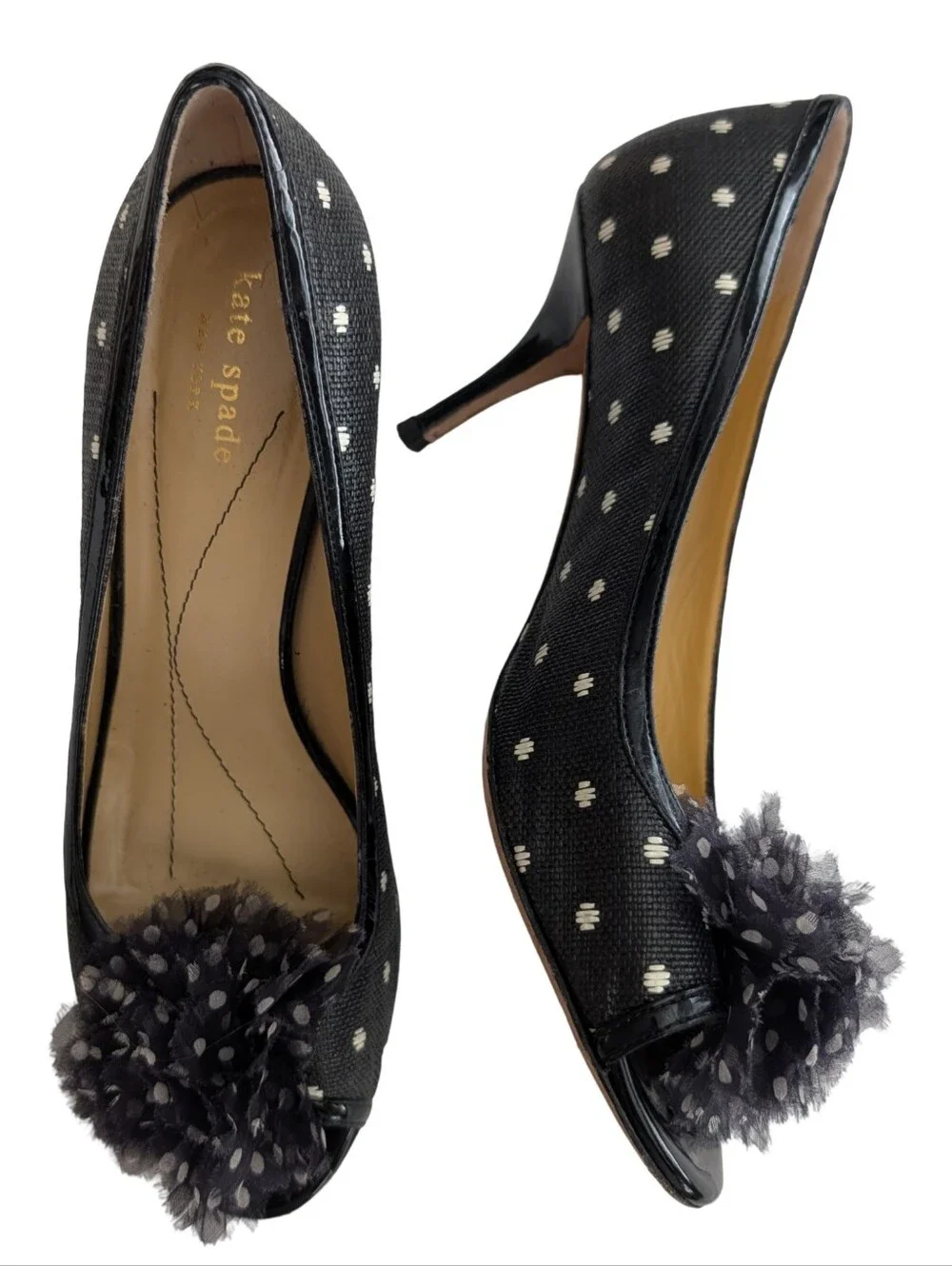 Kate Spade Molly Polka Dot Raffia Peep-Toe Pumps Size 10